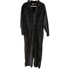 University thread black denim washed jumpsuit